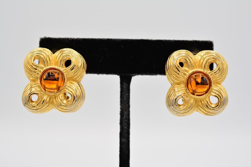 Givenchy Vintage Cabochon Clip On Earrings Amber Gold Tone Signed 1980s BinAF